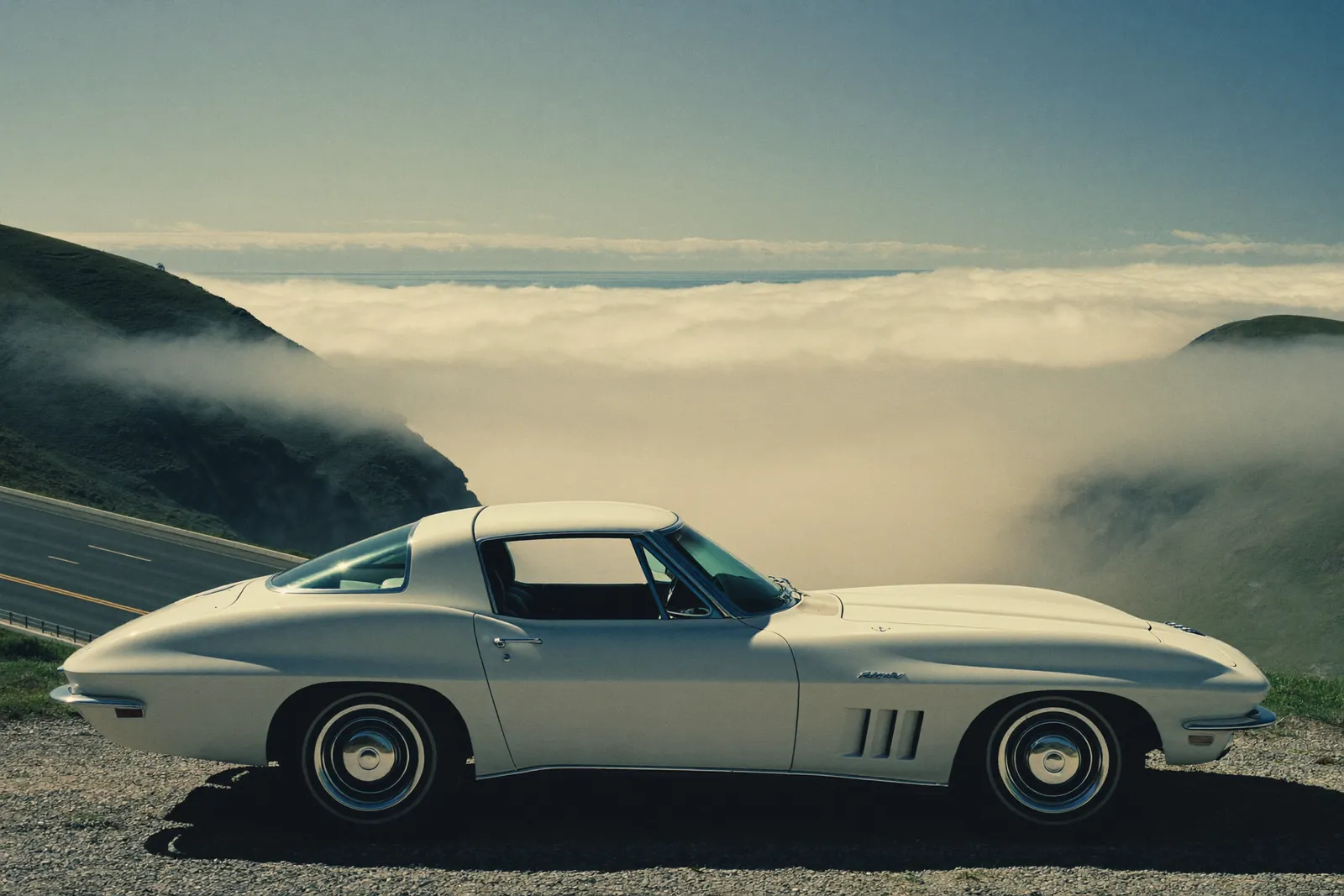 AI-generated illustration: a white 1963 Chevrolet Corvette Sting Ray split-window coupe at a coastal highway pullout with fog over the headlands.