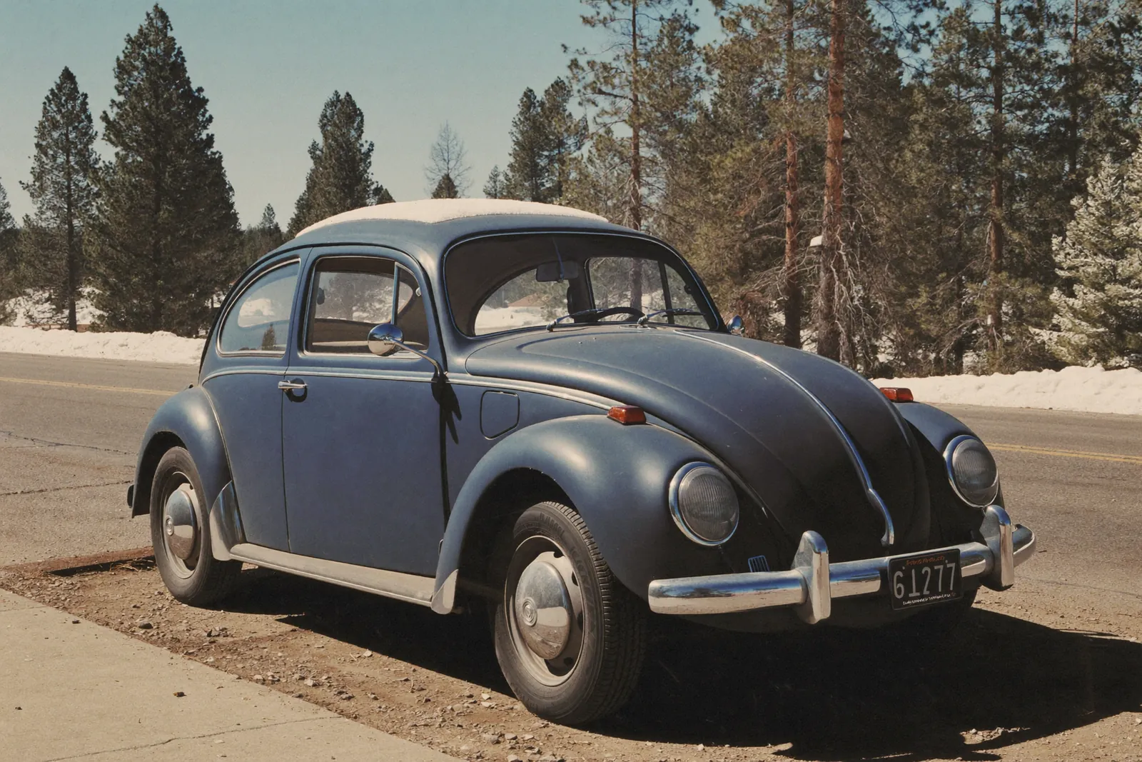 AI-generated illustration: a dusty blue 1967 Volkswagen Beetle parked beside a snowy pine road in thin winter light.