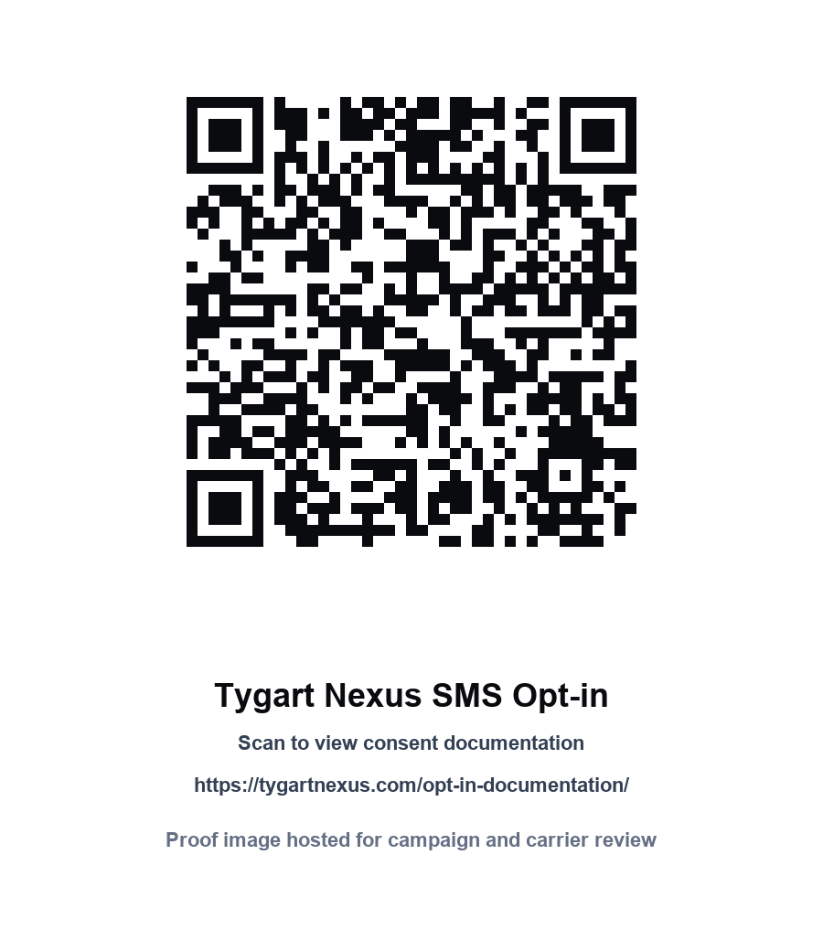 QR code proof for Tygart Nexus SMS opt-in documentation
